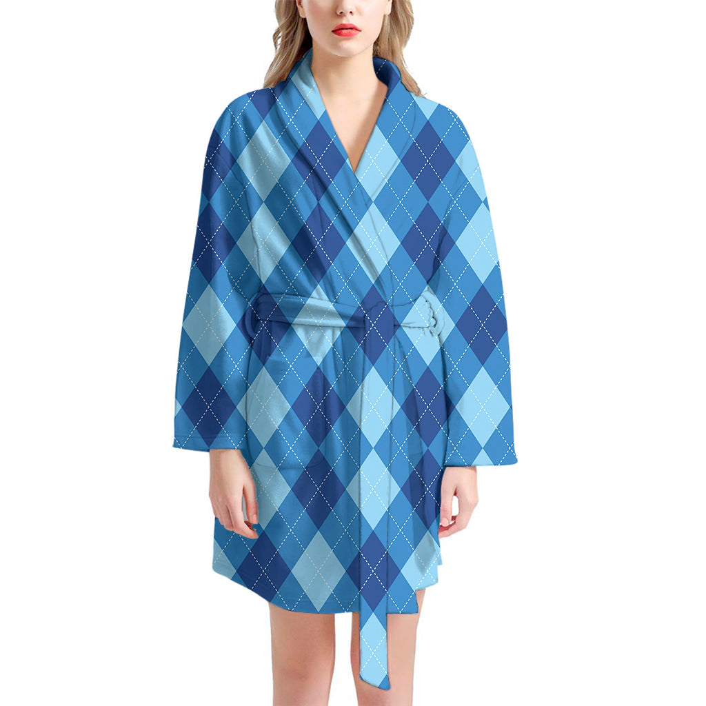 Blue Argyle Pattern Print Women's Bathrobe