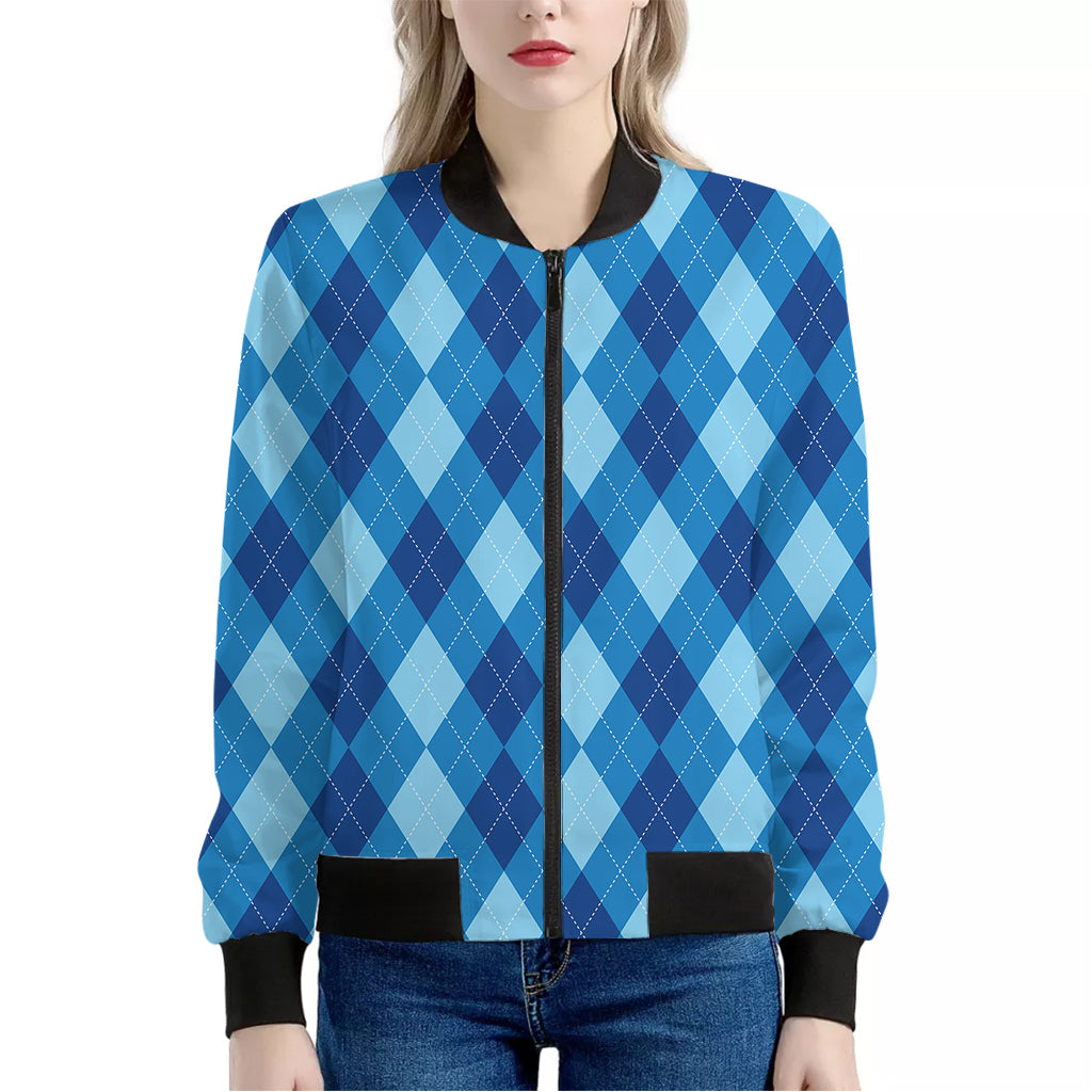 Blue Argyle Pattern Print Women's Bomber Jacket