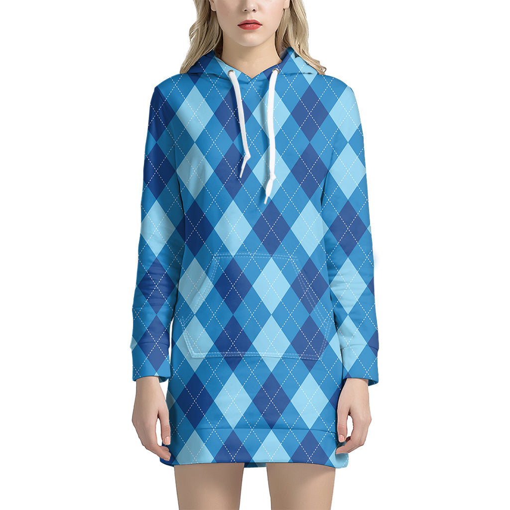 Blue Argyle Pattern Print Women's Pullover Hoodie Dress