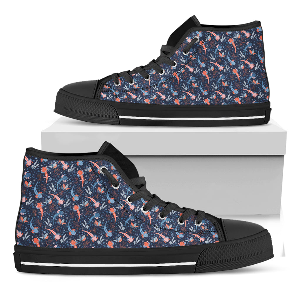 Blue Axolotl Pattern Print Black High Top Shoes