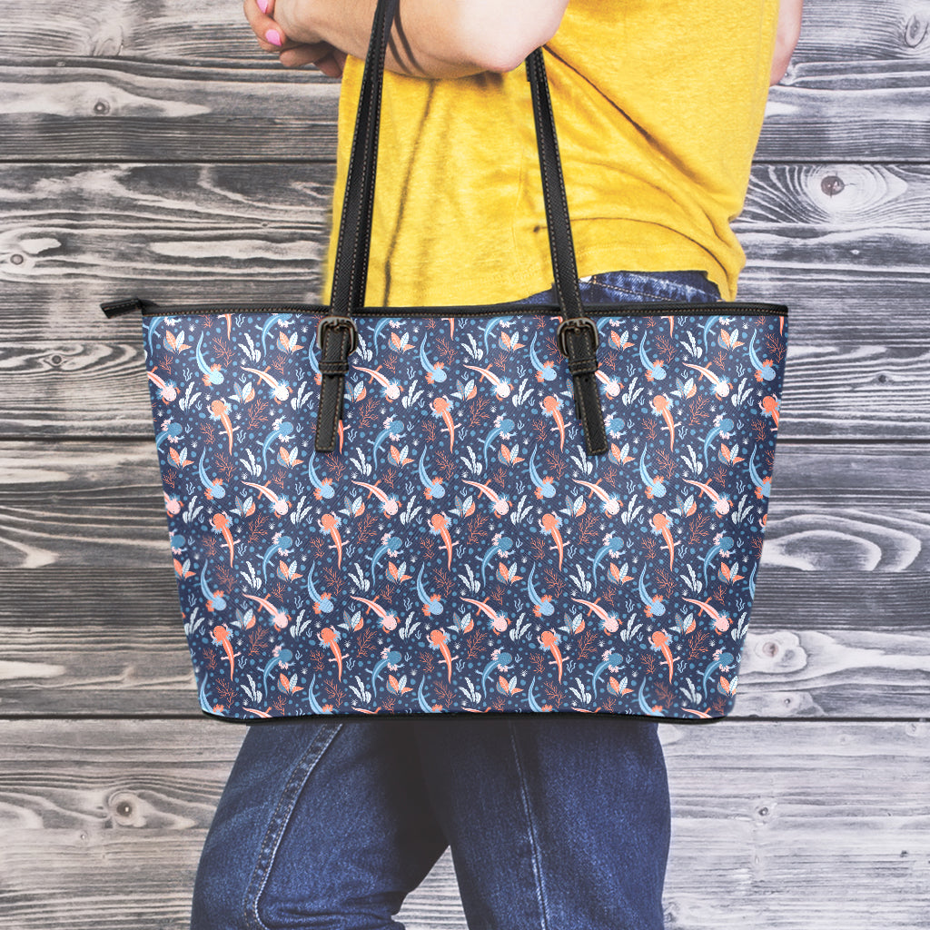 Blue Axolotl Pattern Print Leather Tote Bag