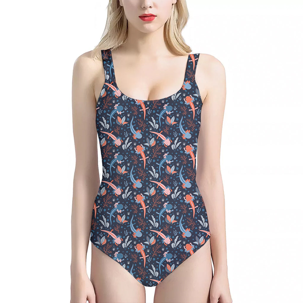 Blue Axolotl Pattern Print One Piece Halter Neck Swimsuit