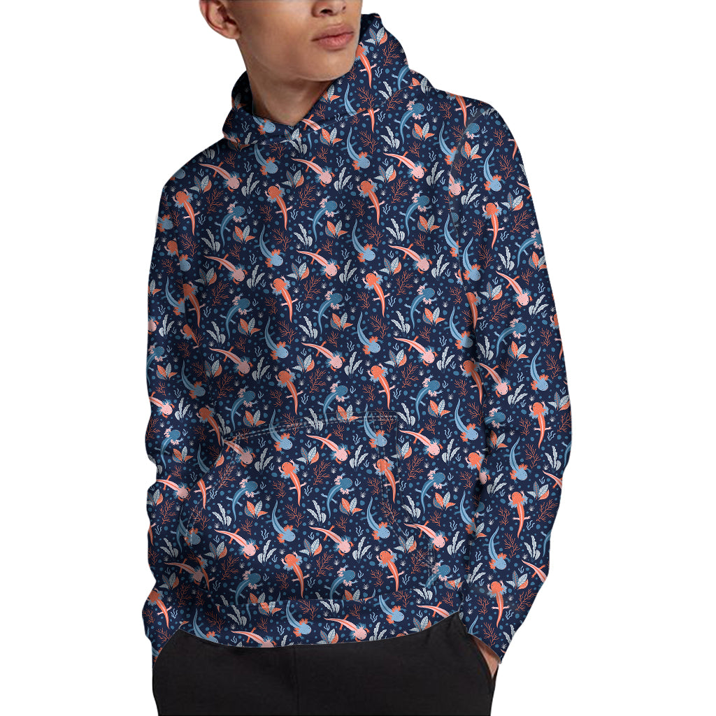 Blue Axolotl Pattern Print Pullover Hoodie