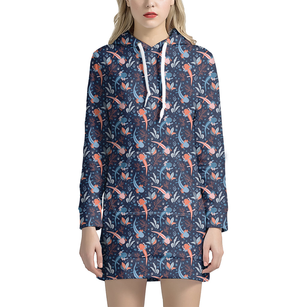 Blue Axolotl Pattern Print Women's Pullover Hoodie Dress