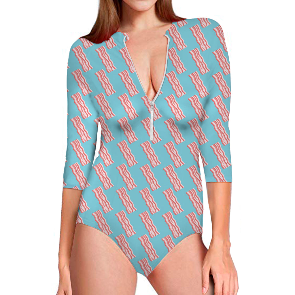 Blue Bacon Pattern Print Long Sleeve One Piece Swimsuit