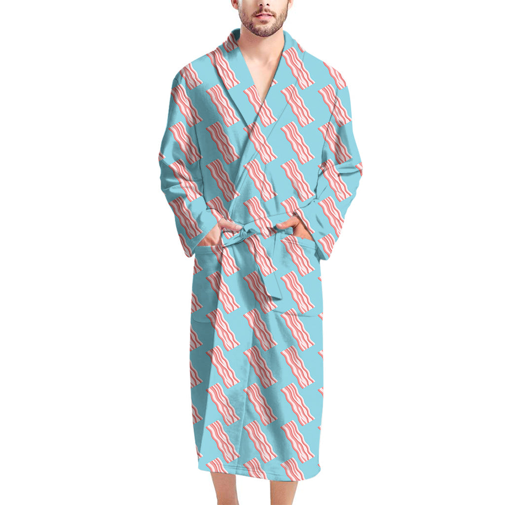 Blue Bacon Pattern Print Men's Bathrobe