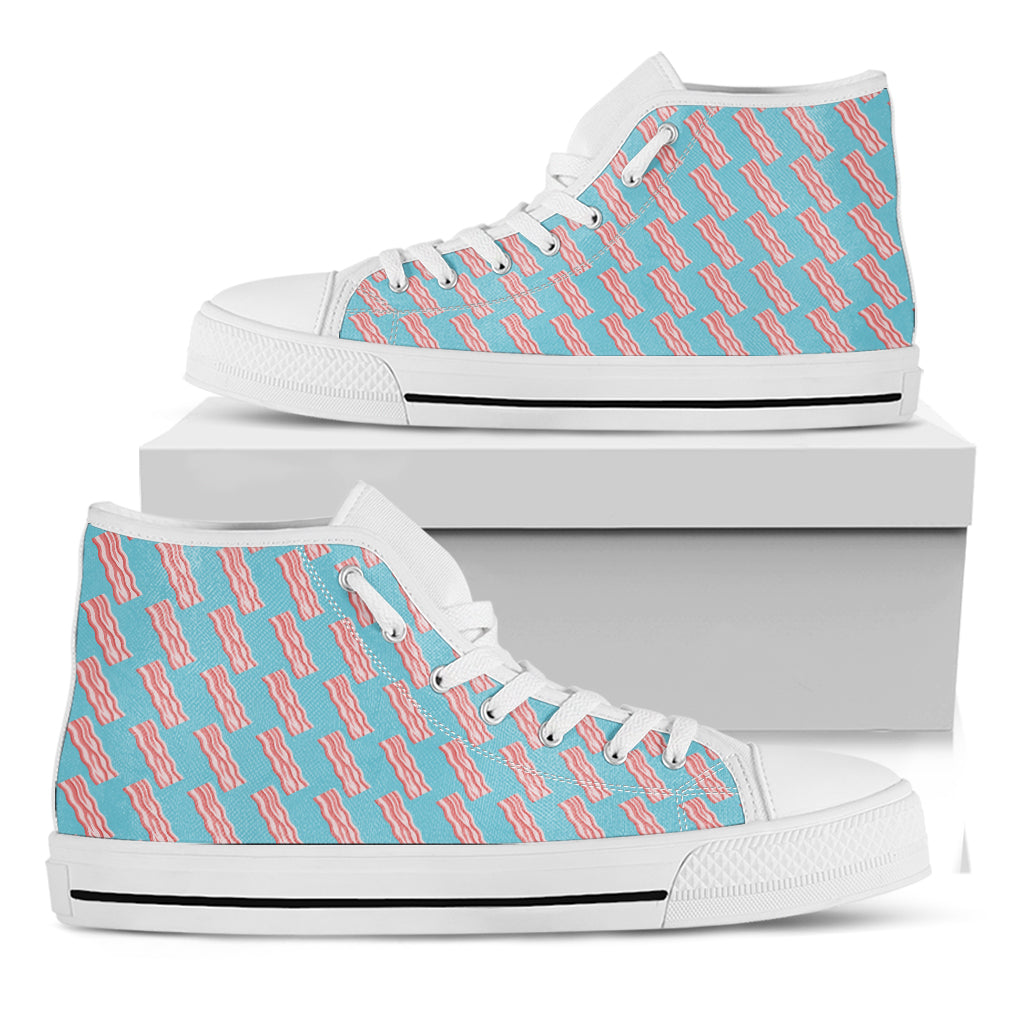 Blue Bacon Pattern Print White High Top Shoes