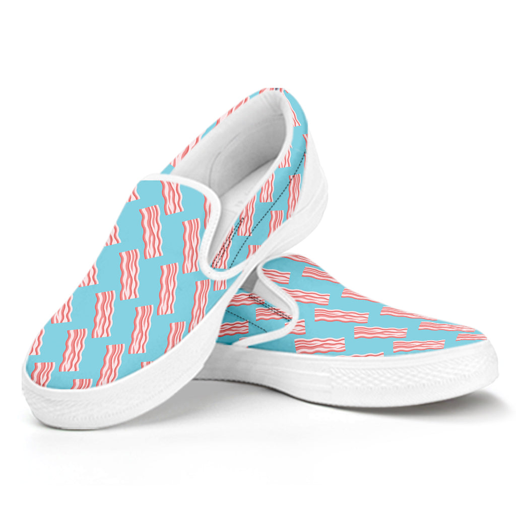 Blue Bacon Pattern Print White Slip On Shoes