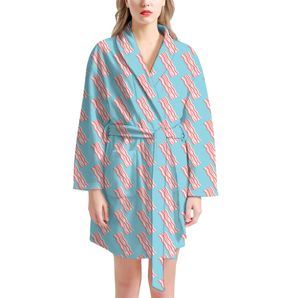 Blue Bacon Pattern Print Women's Bathrobe