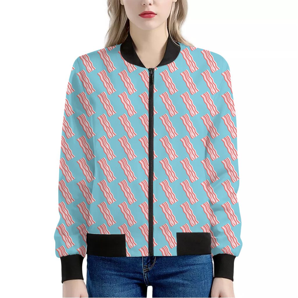 Blue Bacon Pattern Print Women's Bomber Jacket