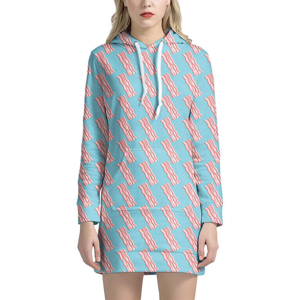 Blue Bacon Pattern Print Women's Pullover Hoodie Dress