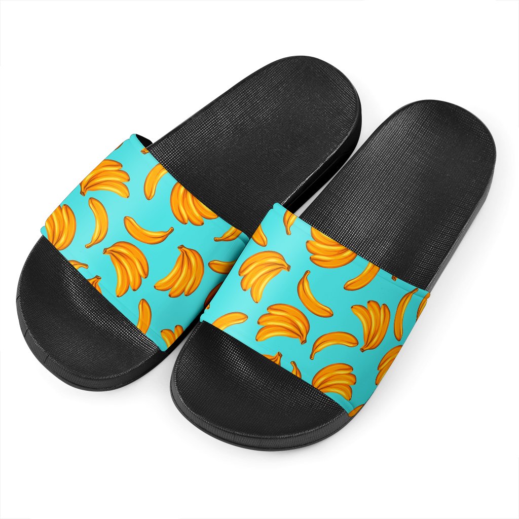 Blue Banana Pattern Print Black Slide Sandals