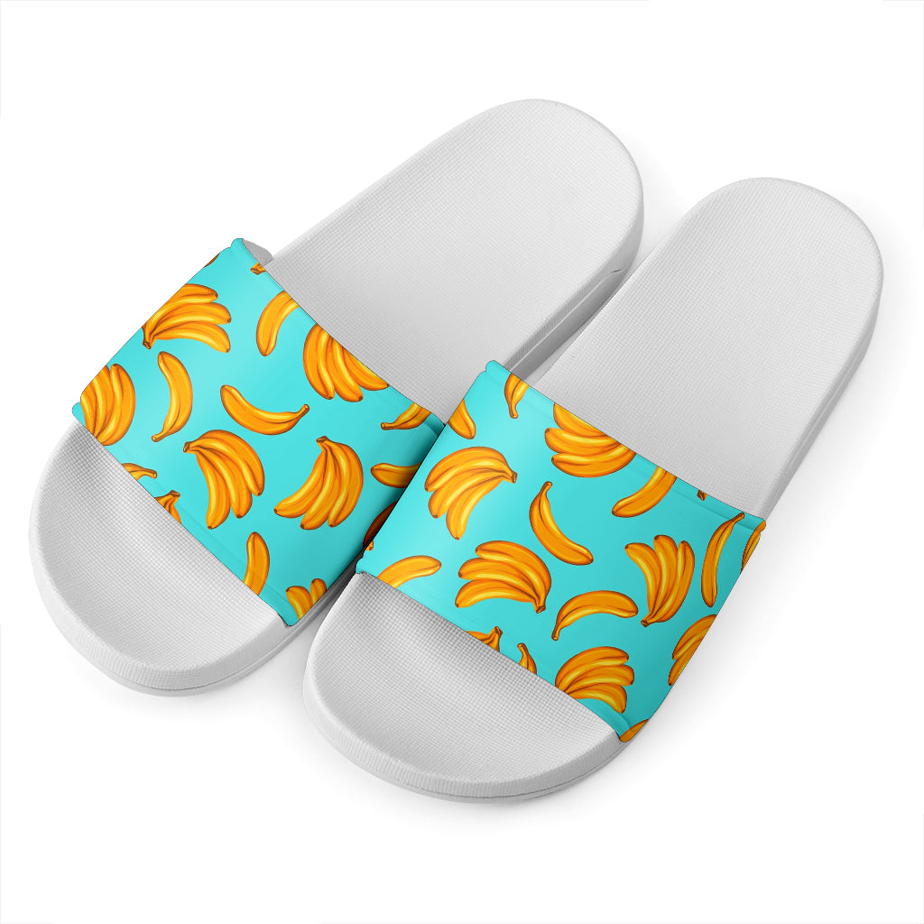 Blue Banana Pattern Print White Slide Sandals