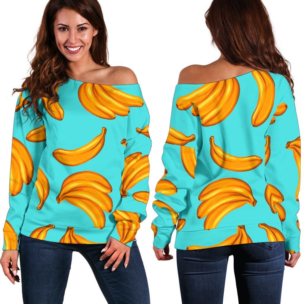 Blue Banana Pattern Print Women's Off-Shoulder Sweatshirt