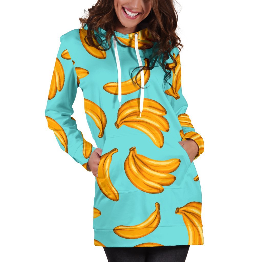 Blue Banana Pattern Print Women's Pullover Hoodie Dress