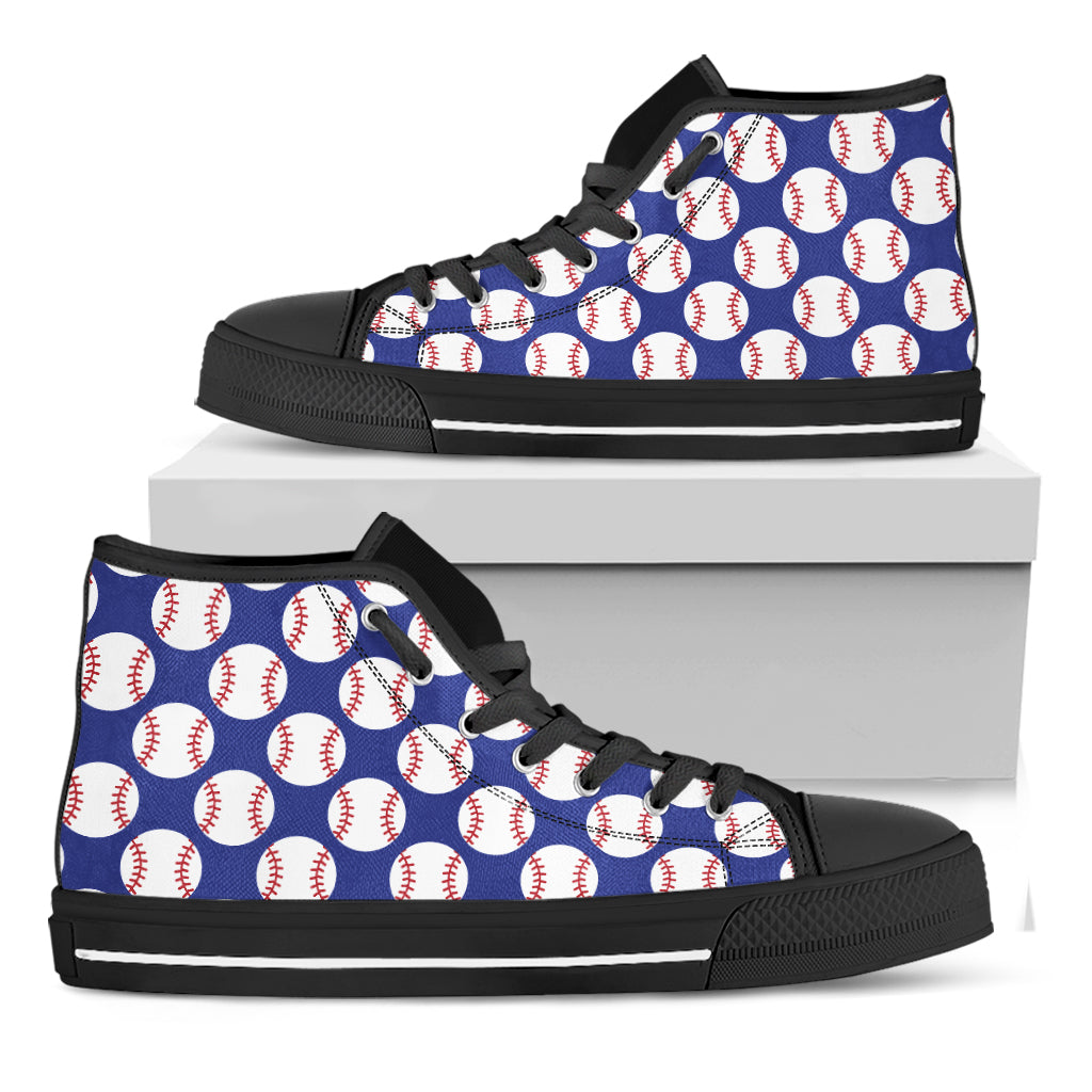 Blue Baseball Pattern Print Black High Top Shoes