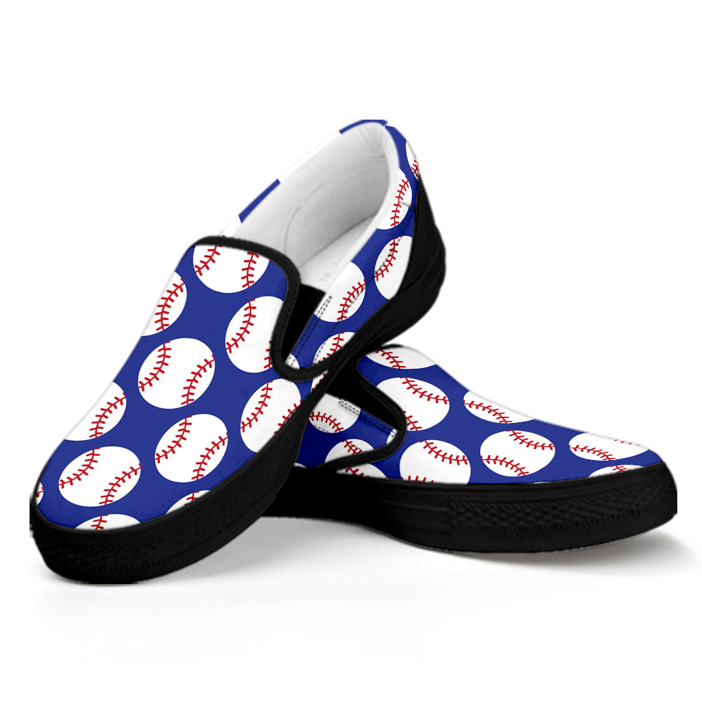 Blue Baseball Pattern Print Black Slip On Shoes