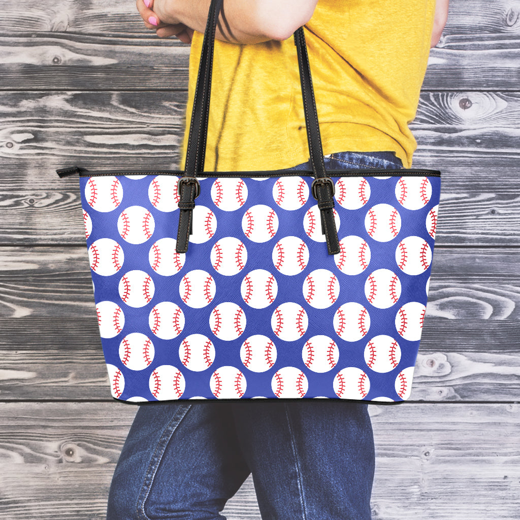 Blue Baseball Pattern Print Leather Tote Bag