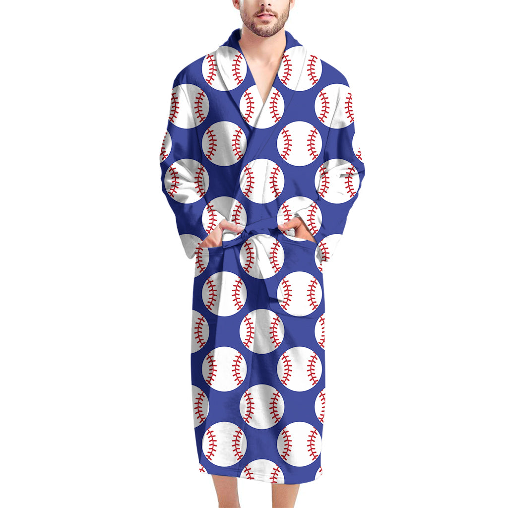 Blue Baseball Pattern Print Men's Bathrobe