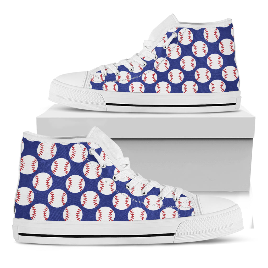 Blue Baseball Pattern Print White High Top Shoes