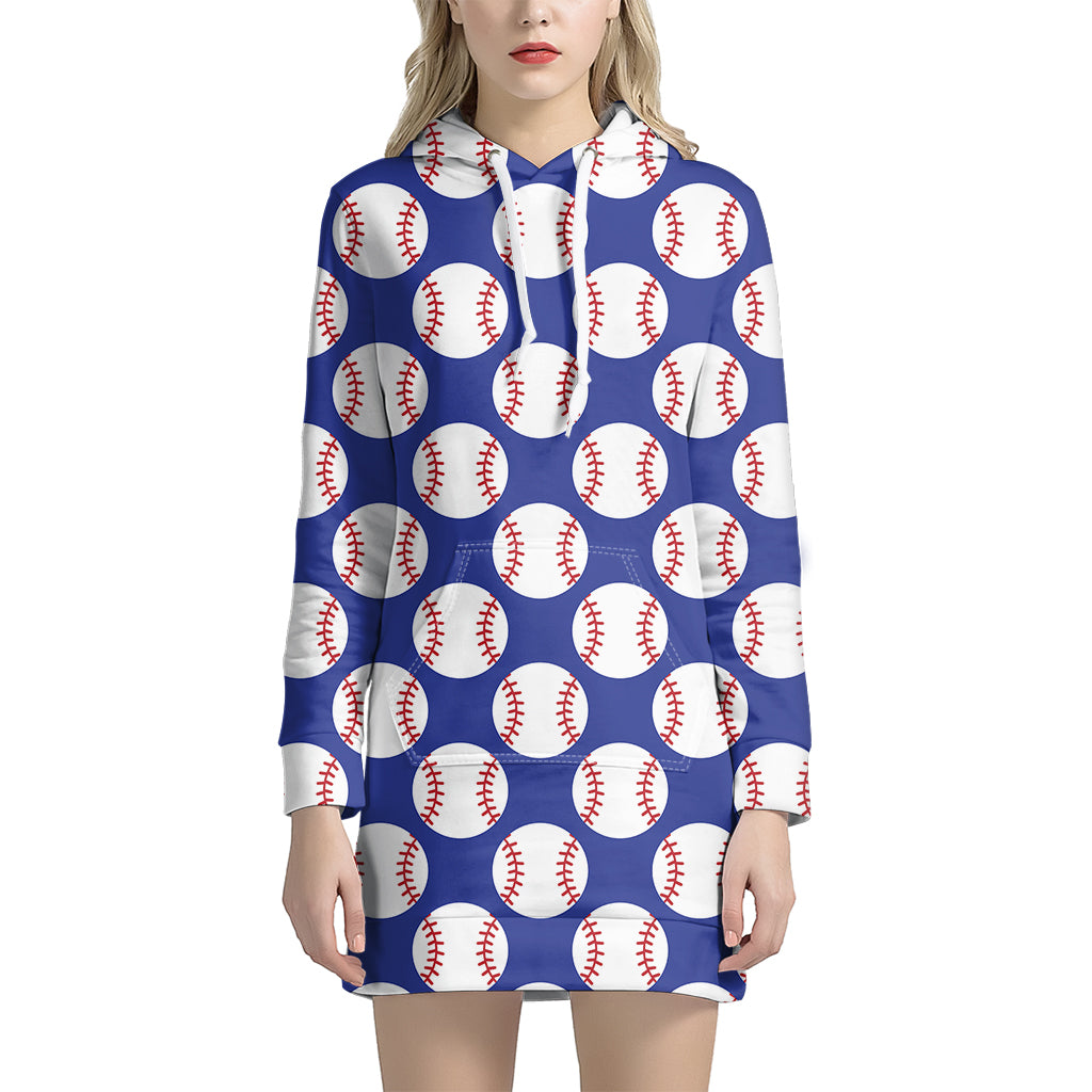 Blue Baseball Pattern Print Women's Pullover Hoodie Dress