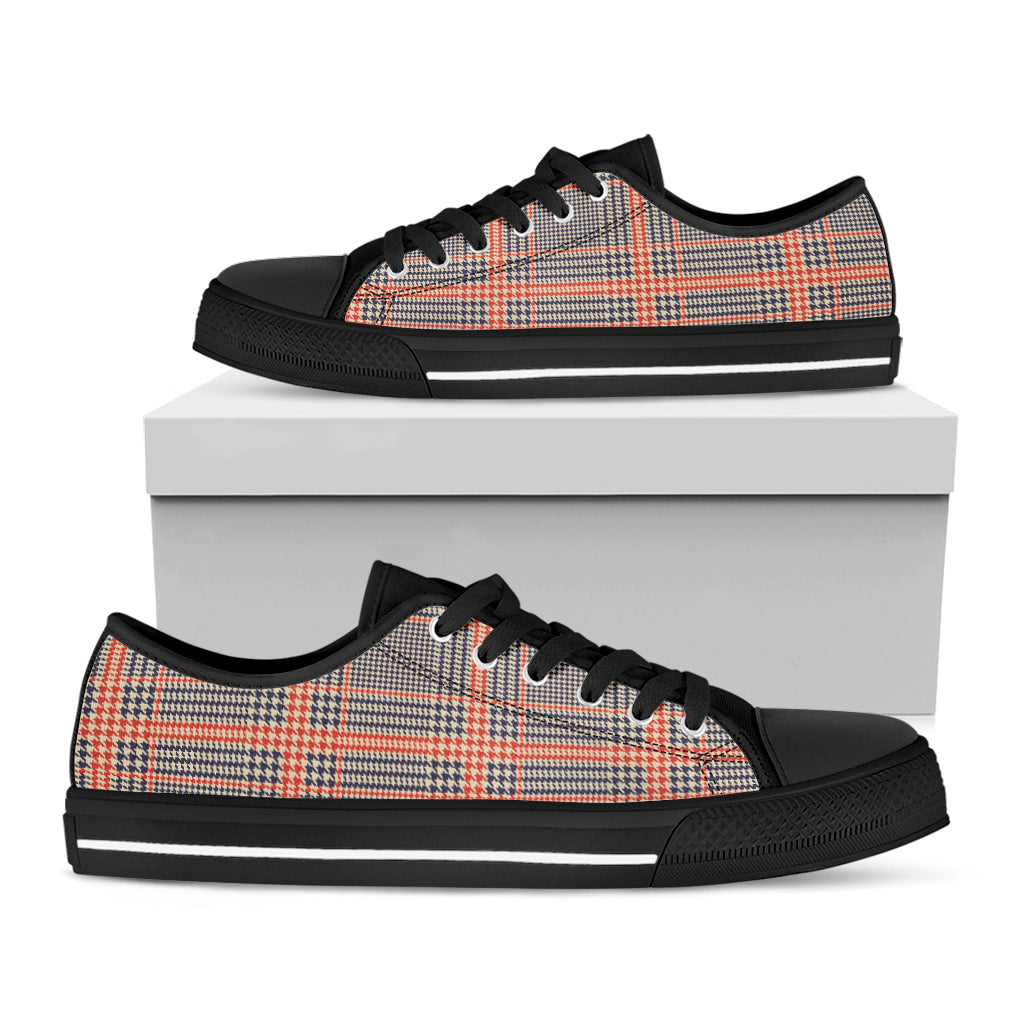 Blue Beige And Orange Glen Plaid Print Black Low Top Shoes