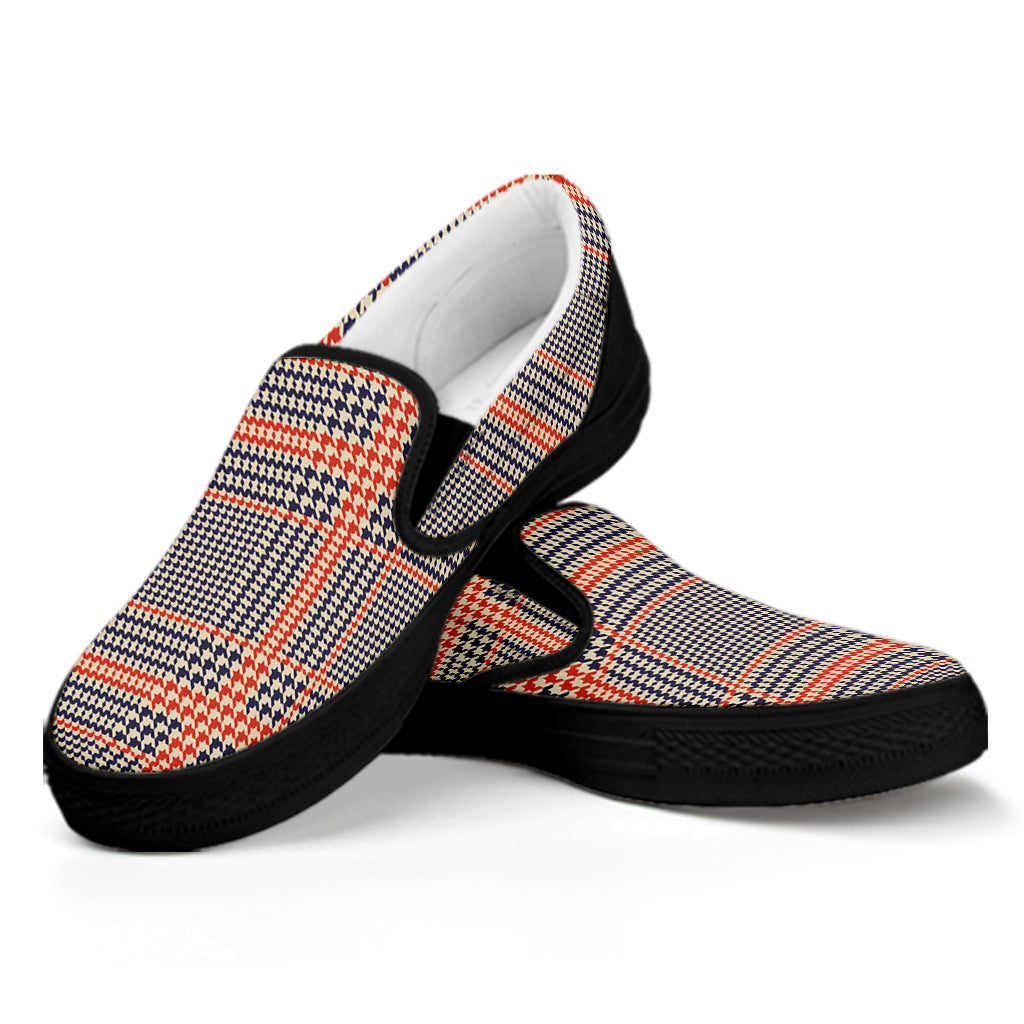 Blue Beige And Orange Glen Plaid Print Black Slip On Shoes