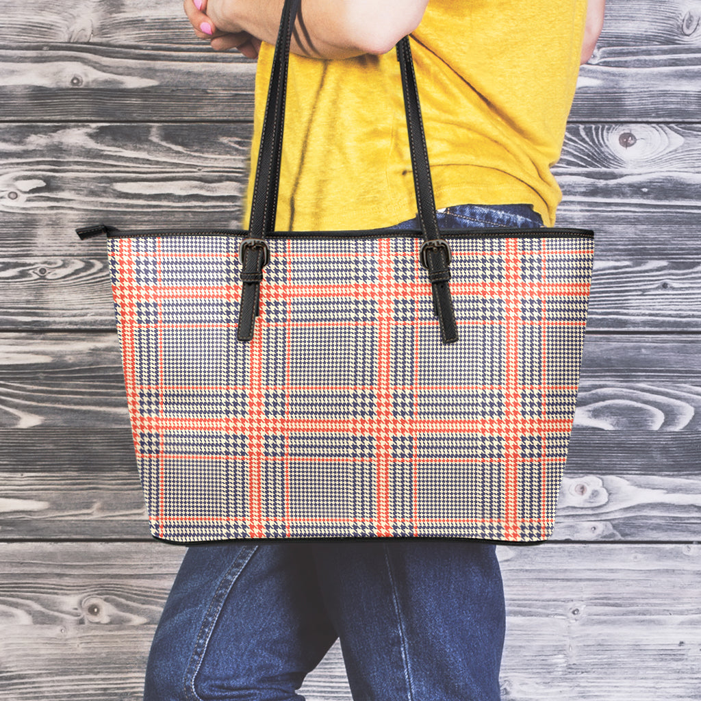 Blue Beige And Orange Glen Plaid Print Leather Tote Bag