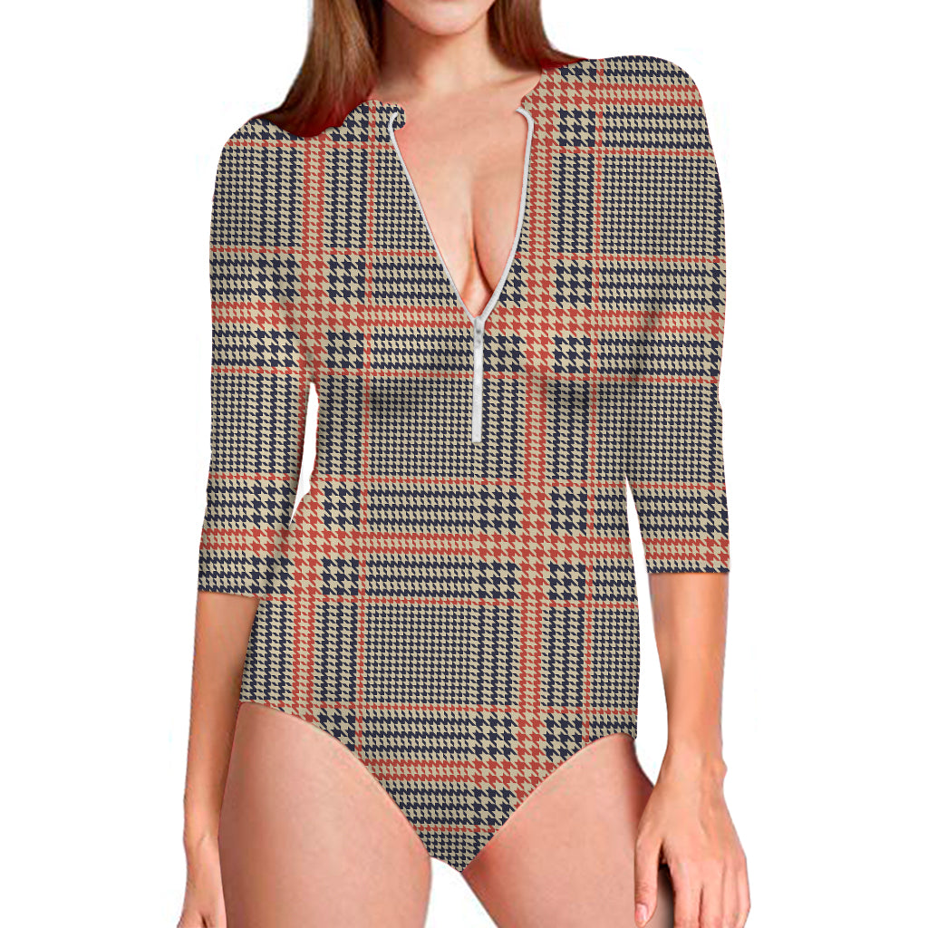 Blue Beige And Orange Glen Plaid Print Long Sleeve One Piece Swimsuit