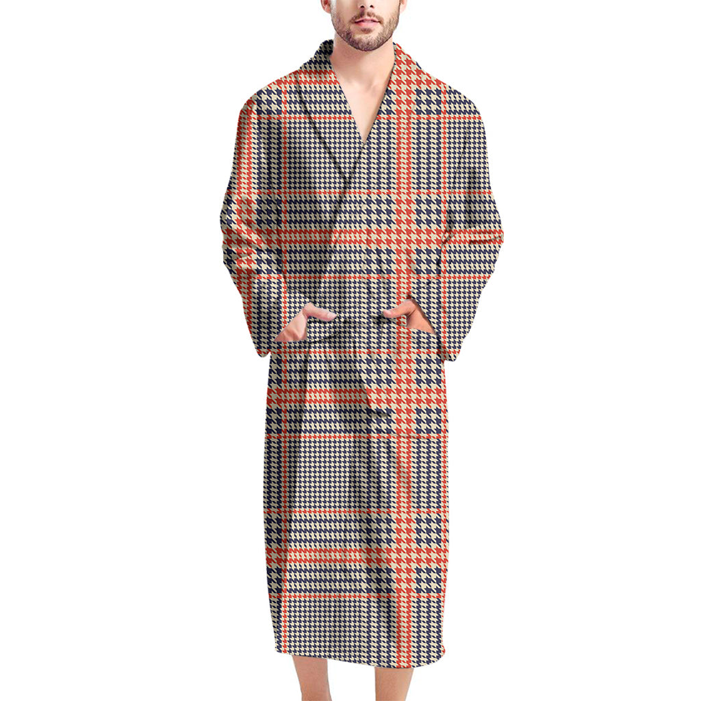 Blue Beige And Orange Glen Plaid Print Men's Bathrobe