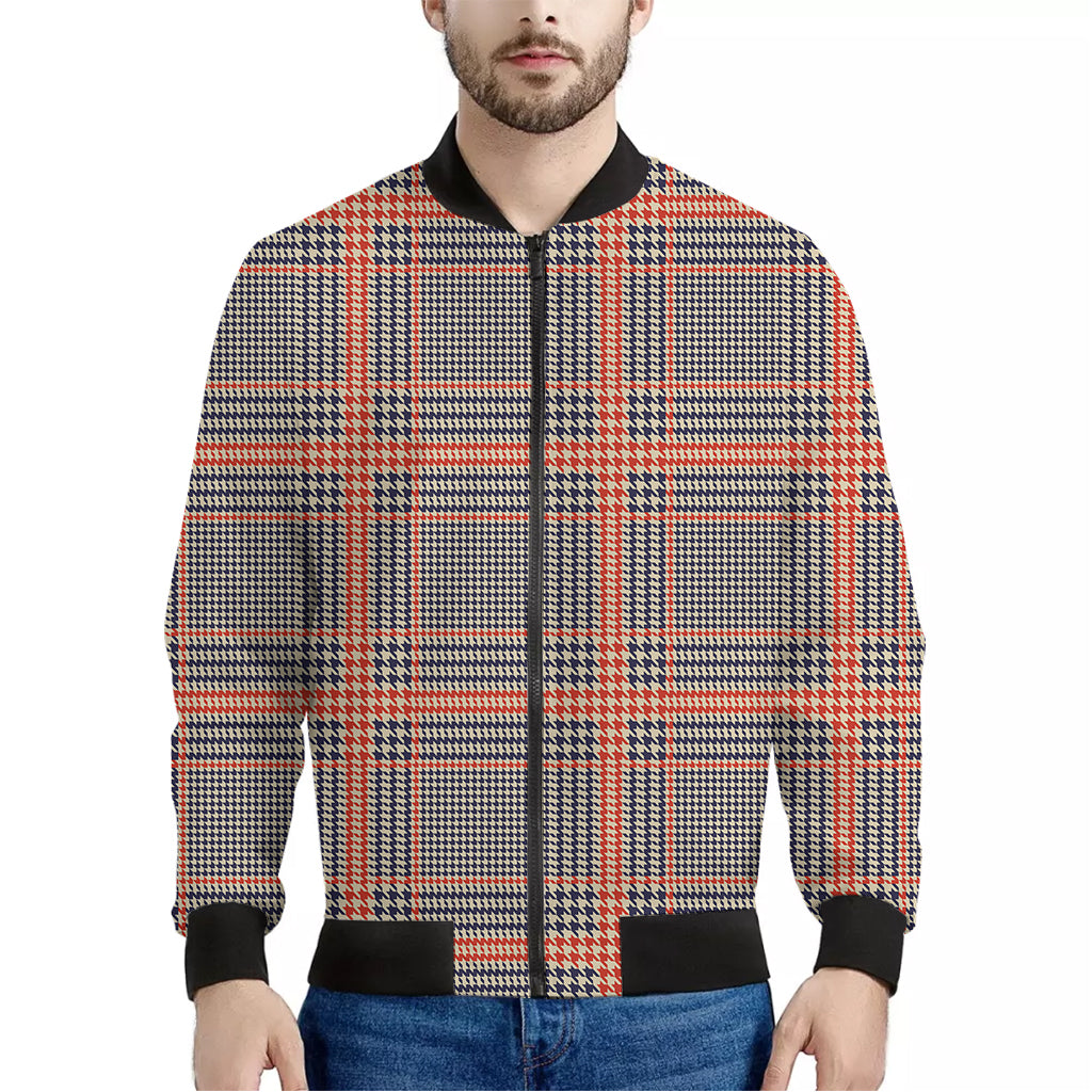 Blue Beige And Orange Glen Plaid Print Men's Bomber Jacket