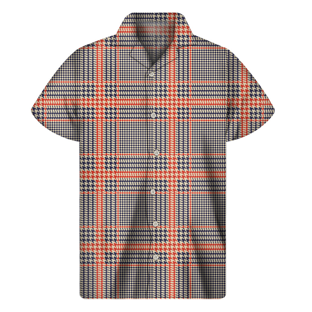 Blue Beige And Orange Glen Plaid Print Men's Short Sleeve Shirt