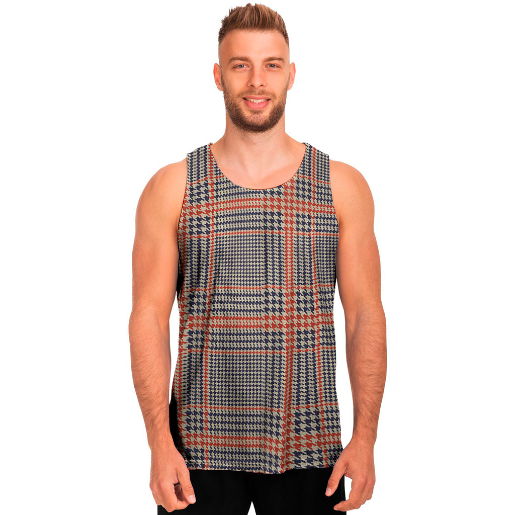 Blue Beige And Orange Glen Plaid Print Men's Tank Top