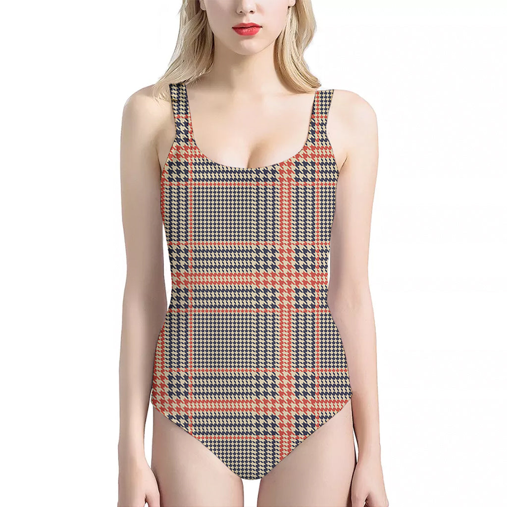 Blue Beige And Orange Glen Plaid Print One Piece Halter Neck Swimsuit