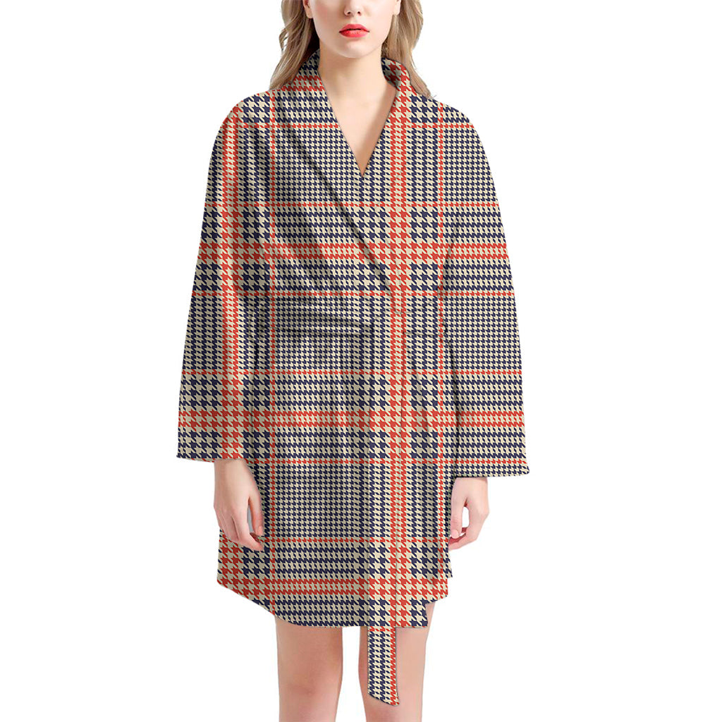 Blue Beige And Orange Glen Plaid Print Women's Bathrobe