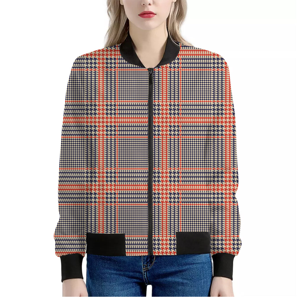 Blue Beige And Orange Glen Plaid Print Women's Bomber Jacket