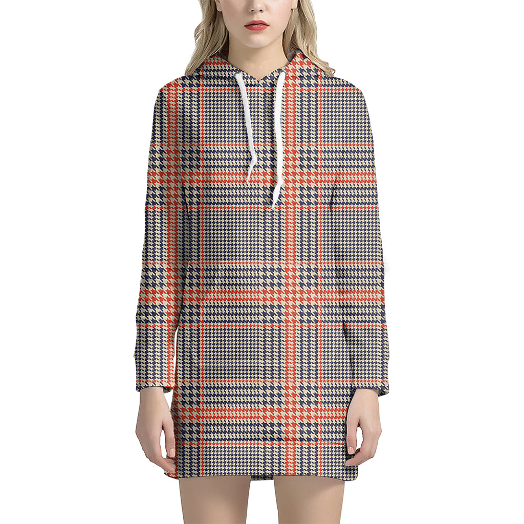 Blue Beige And Orange Glen Plaid Print Women's Pullover Hoodie Dress