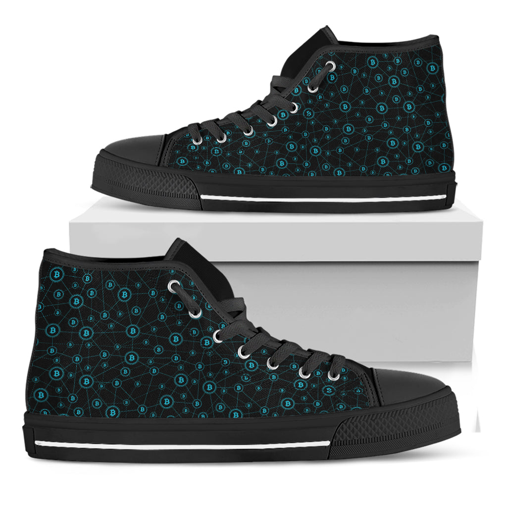 Blue Bitcoin Pattern Print Black High Top Shoes