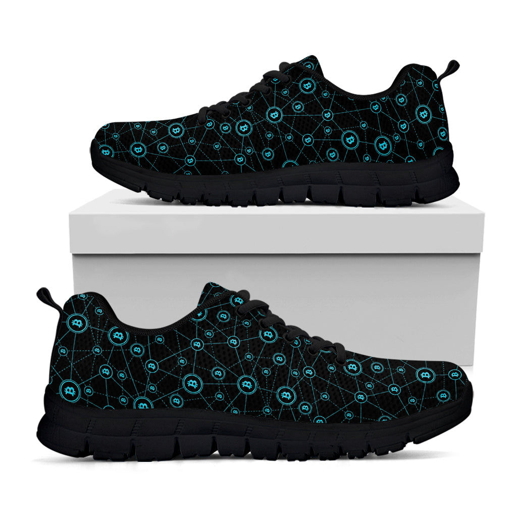 Blue Bitcoin Pattern Print Black Sneakers