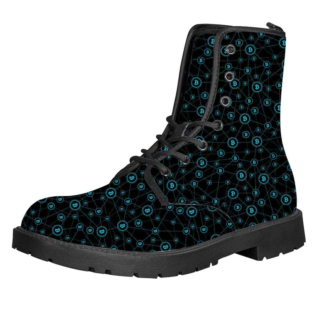 Blue Bitcoin Pattern Print Leather Boots