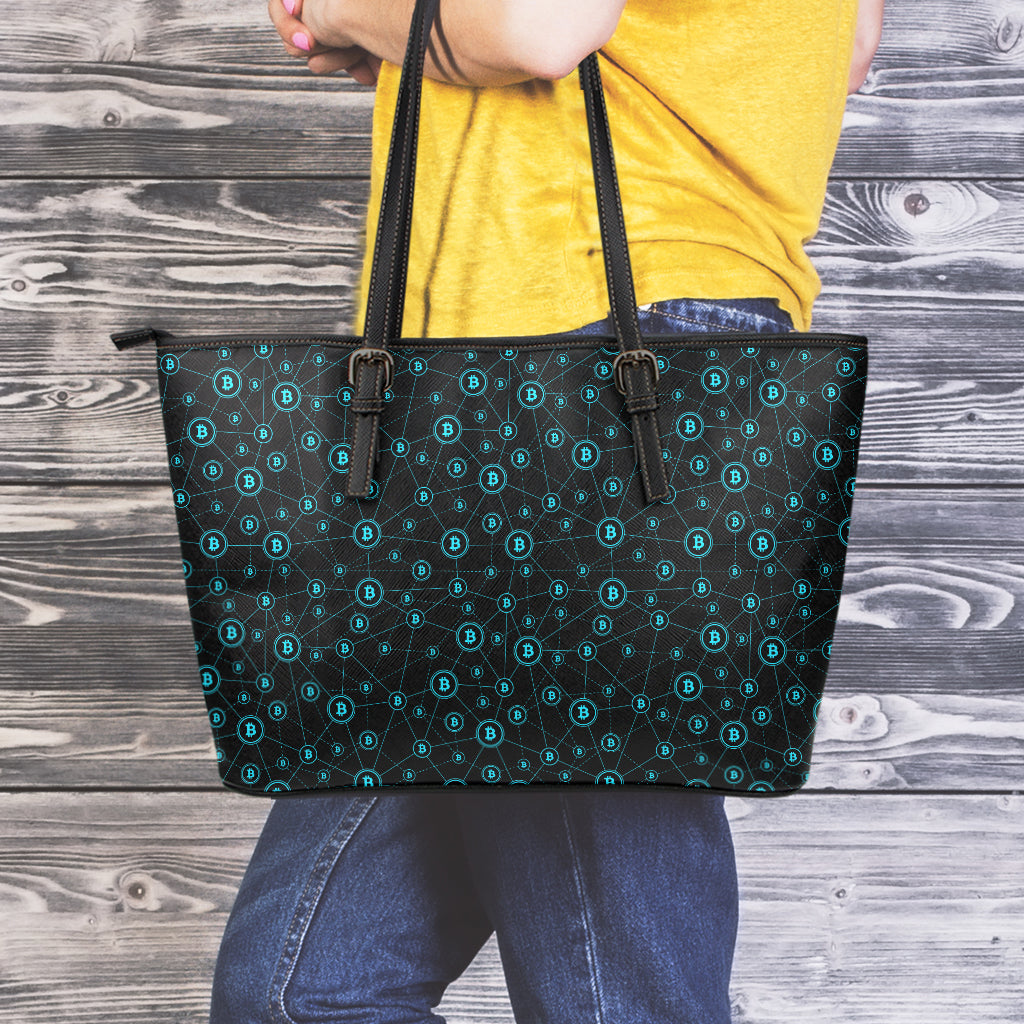 Blue Bitcoin Pattern Print Leather Tote Bag