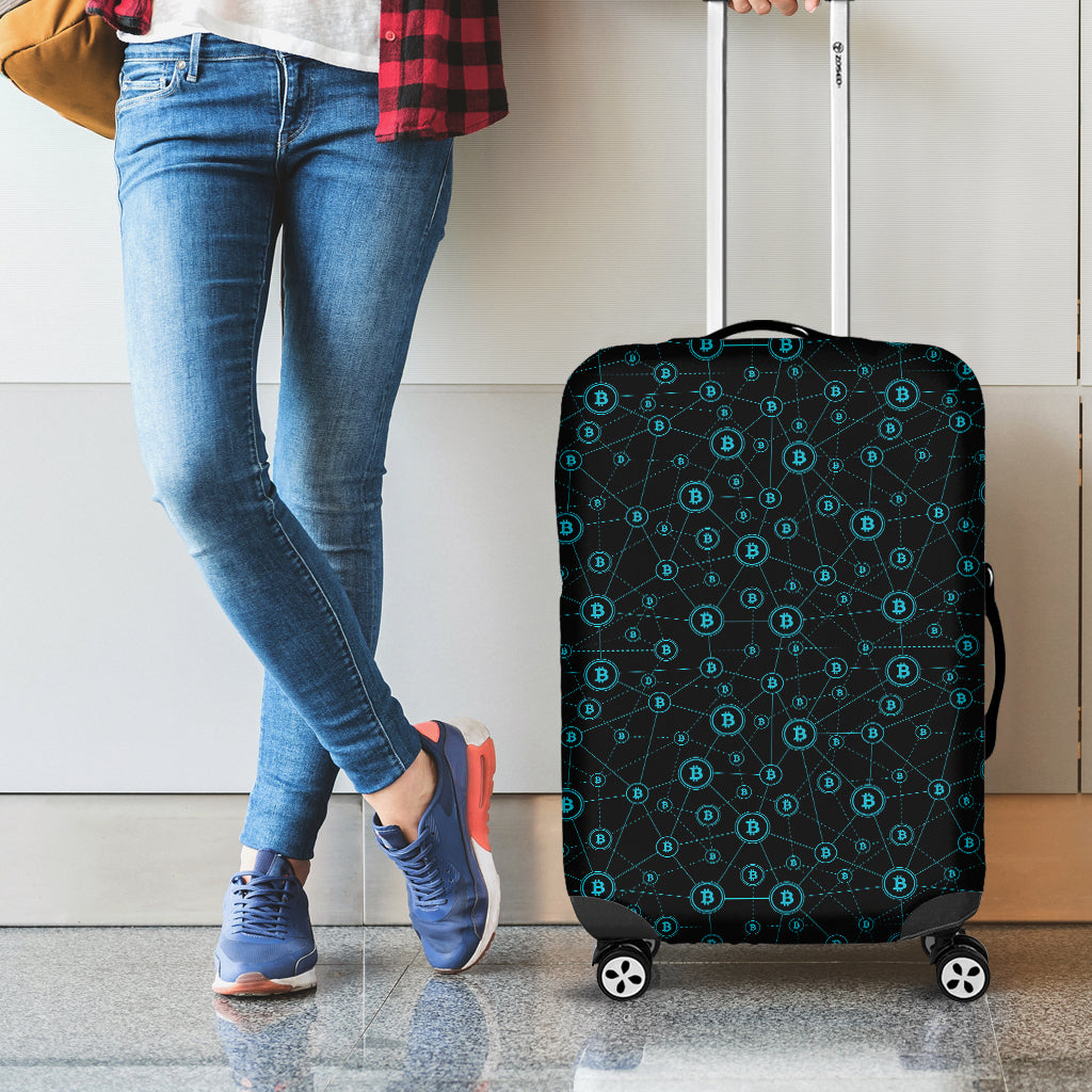 Blue Bitcoin Pattern Print Luggage Cover