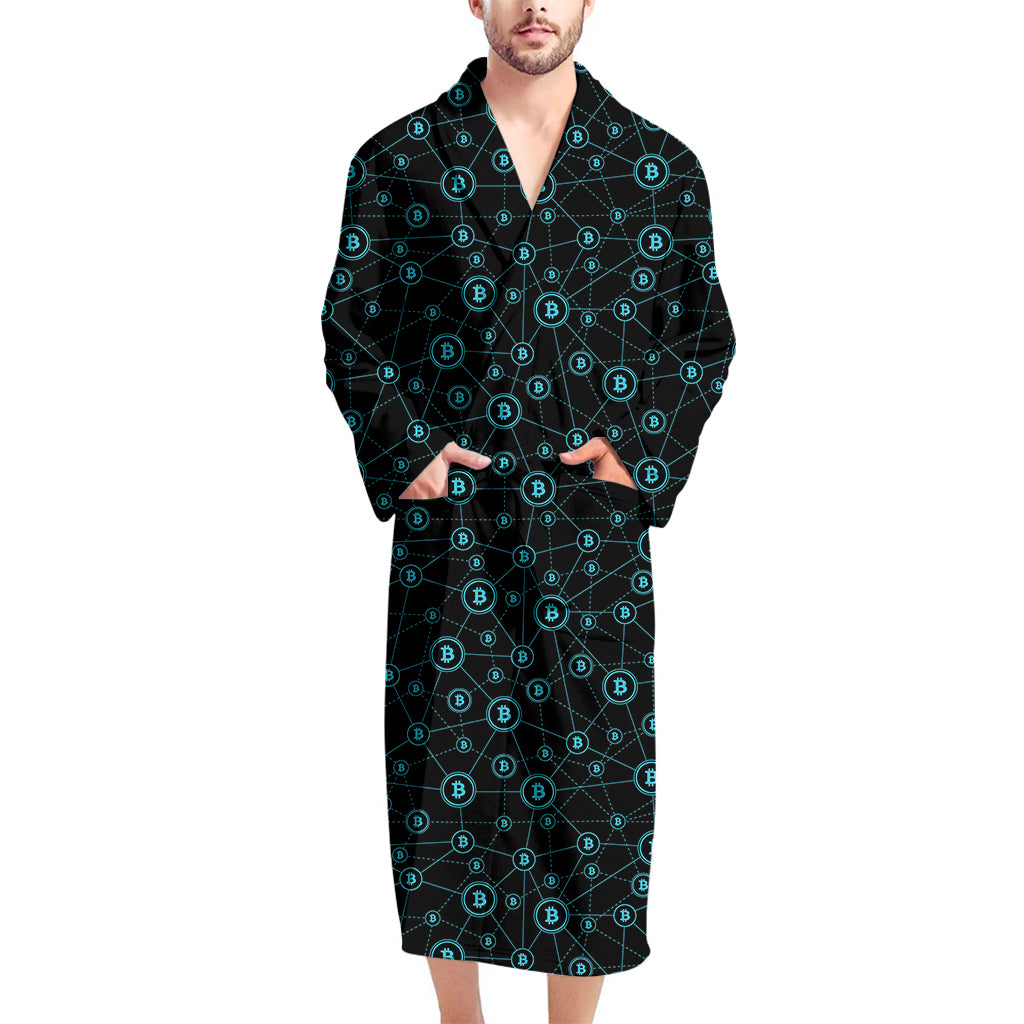 Blue Bitcoin Pattern Print Men's Bathrobe