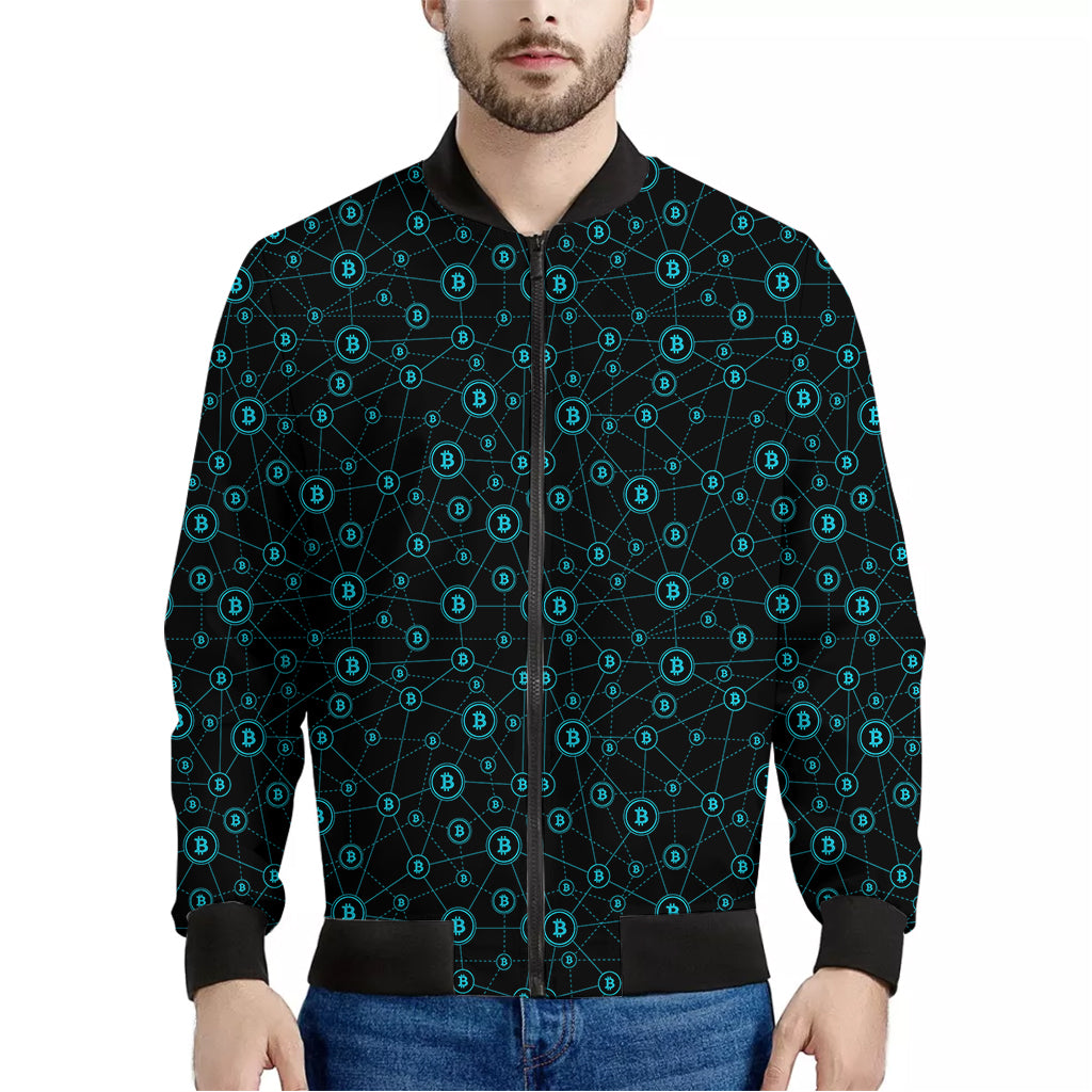 Blue Bitcoin Pattern Print Men's Bomber Jacket