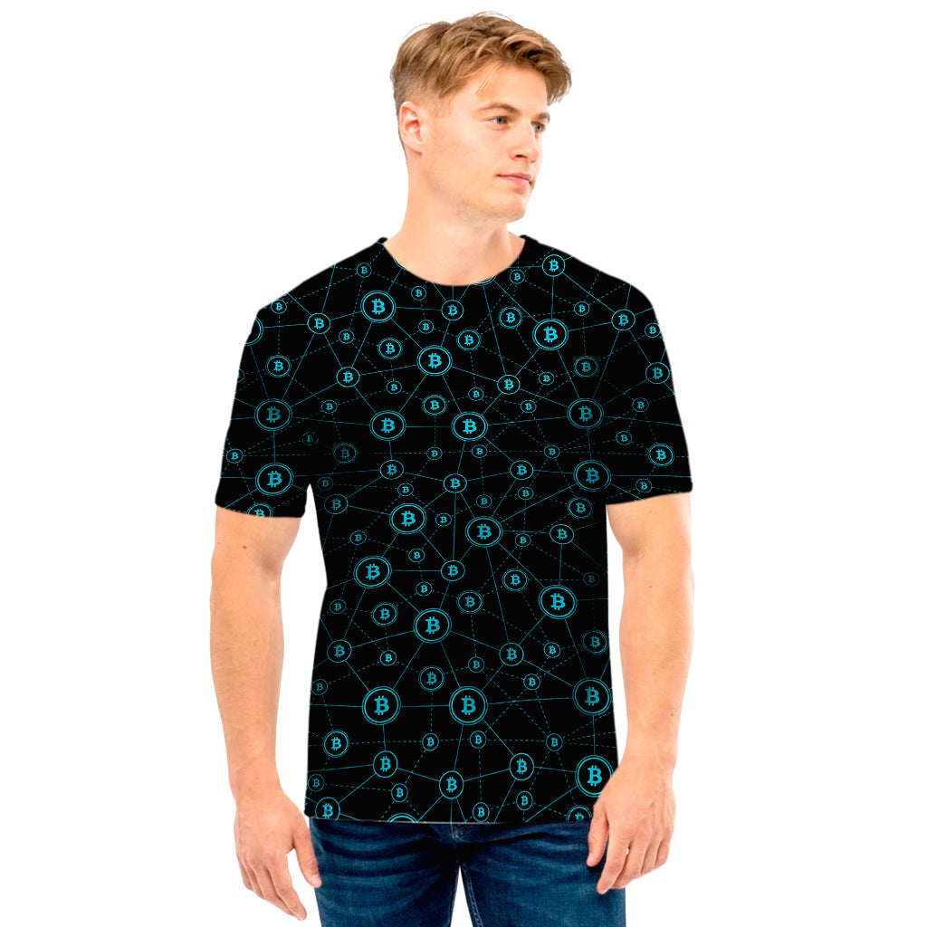 Blue Bitcoin Pattern Print Men's T-Shirt