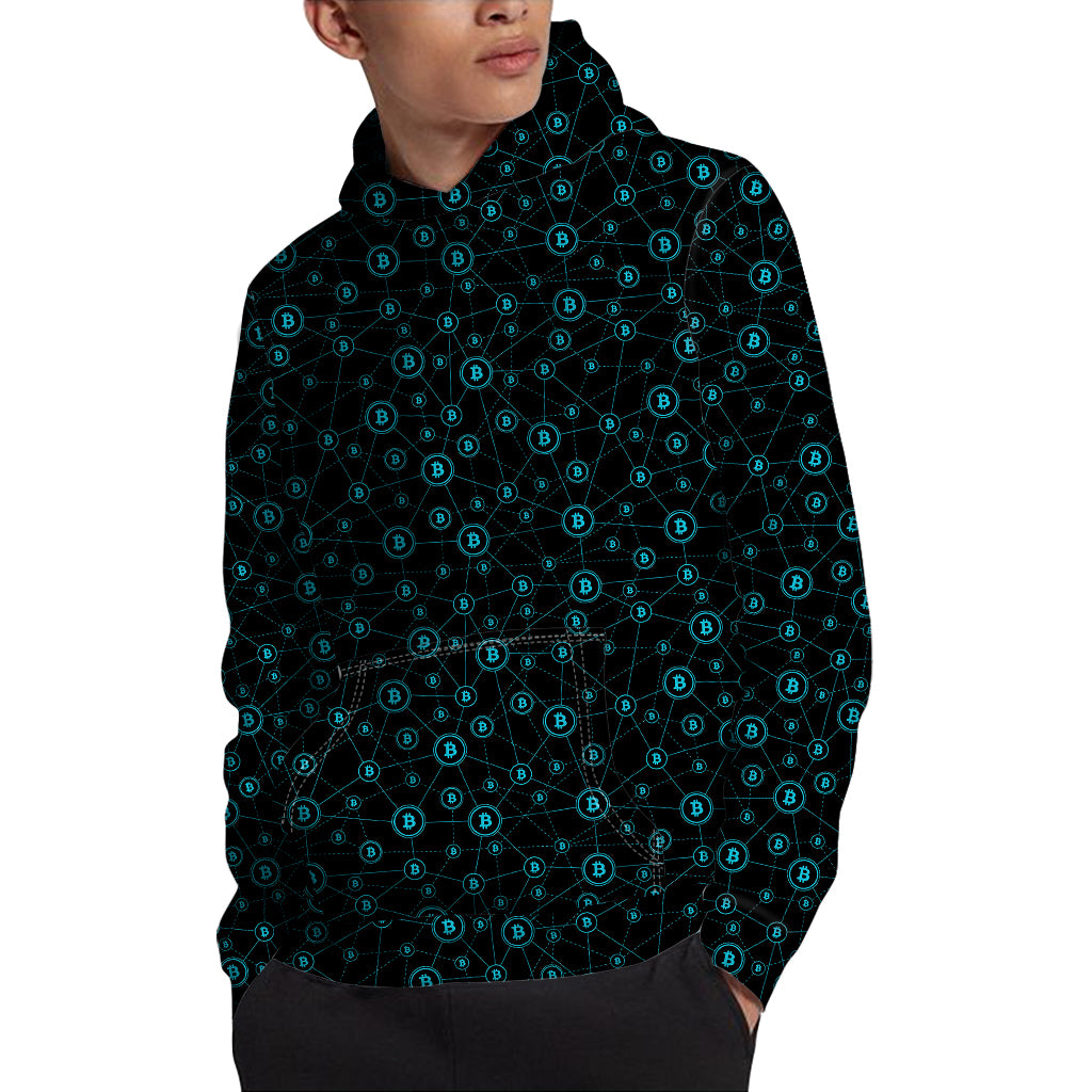 Blue Bitcoin Pattern Print Pullover Hoodie