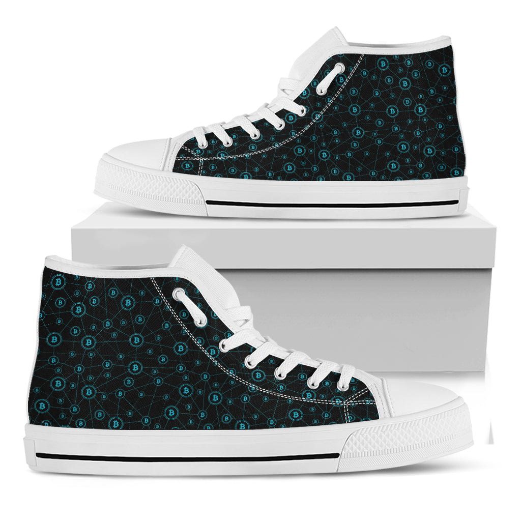 Blue Bitcoin Pattern Print White High Top Shoes