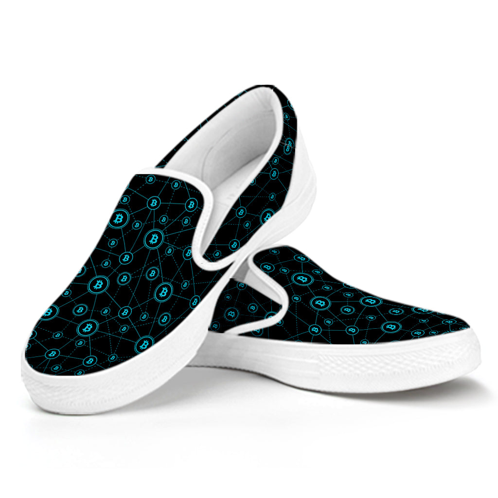 Blue Bitcoin Pattern Print White Slip On Shoes