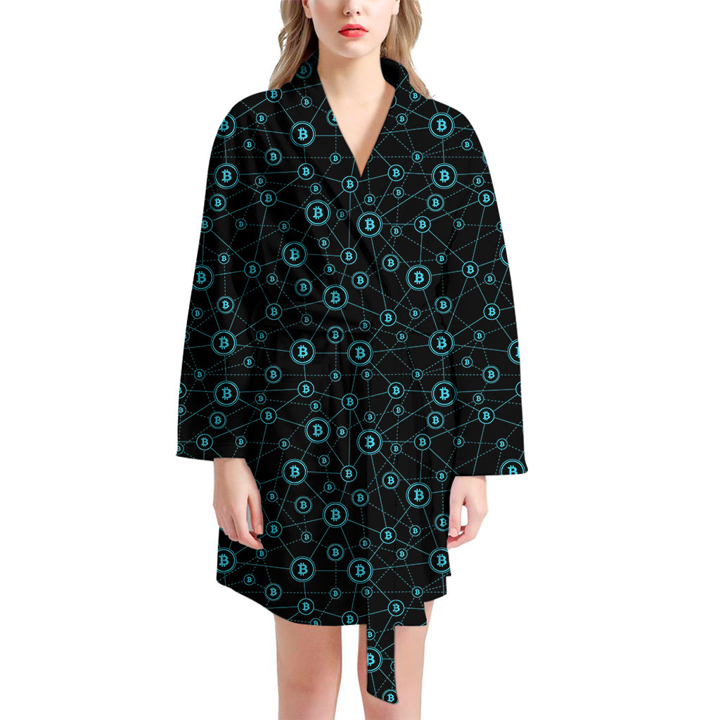 Blue Bitcoin Pattern Print Women's Bathrobe