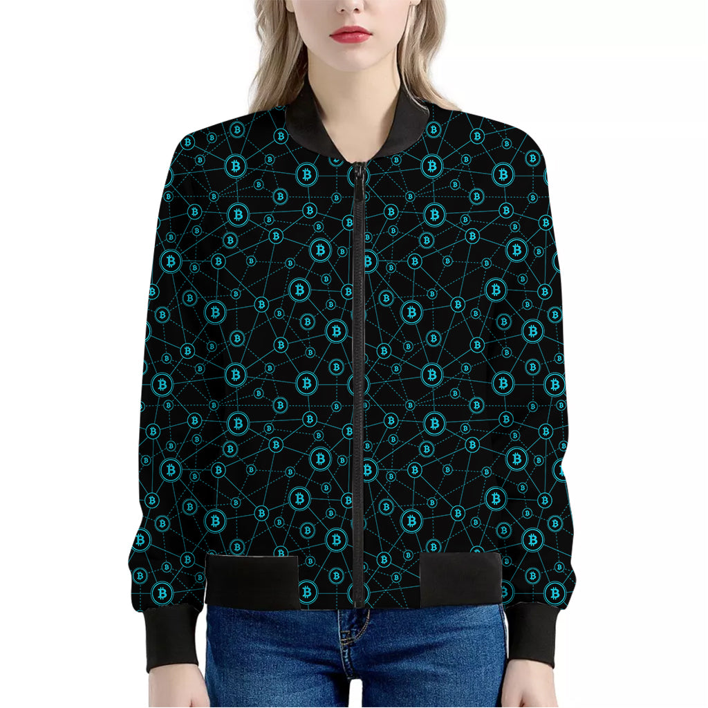 Blue Bitcoin Pattern Print Women's Bomber Jacket